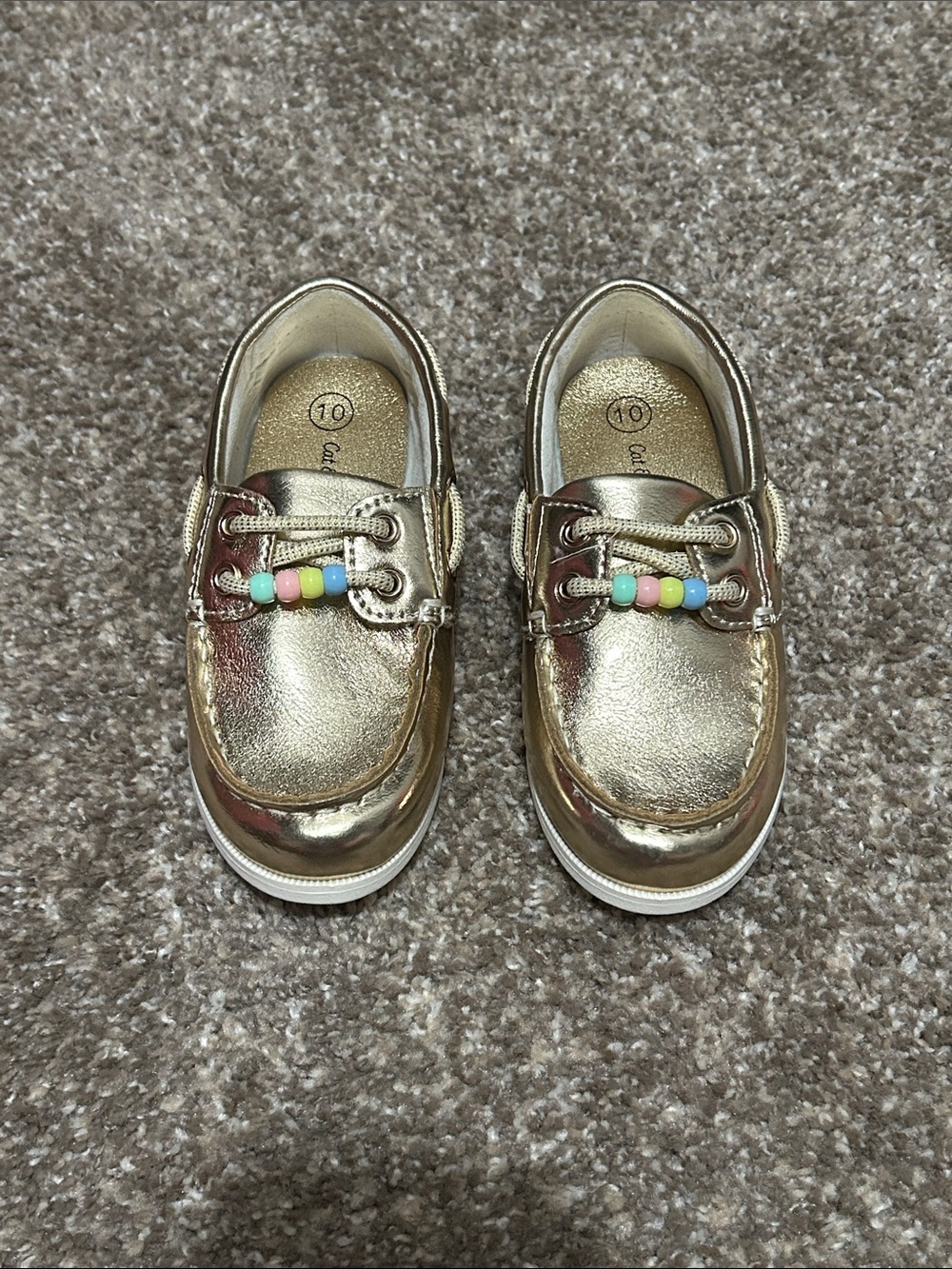Cat & Jack Metallic Gold Moccasin Boat Shoes with Pastel Bead Detail -never worn